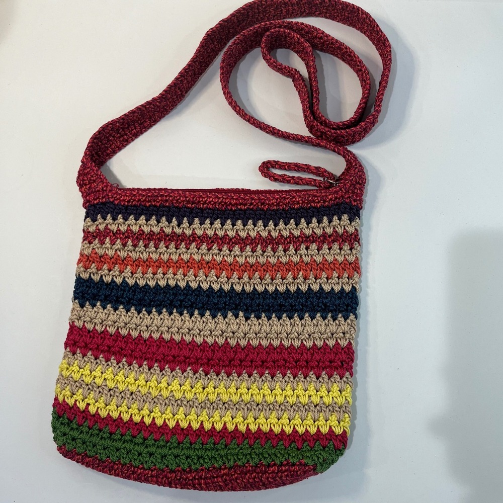 The Sak Striped‎ Crochet Crossbody Shoulder Bag Multi Color Rainbow Boho Indie